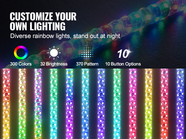 customizable VEVOR led whip light: 300 colors, 370 patterns, rainbow lights for night, 32 brightness levels.