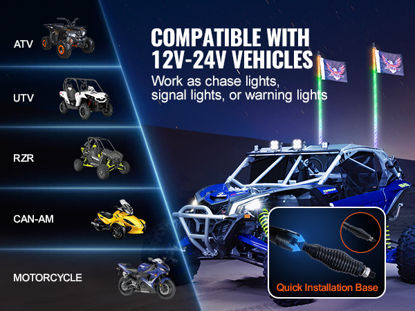 VEVOR led whip light compatible with atv, utv, rzr, can-am, and motorcycle, 12v-24v vehicles.