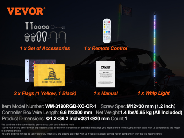 VEVOR led whip light set with accessories, remote control, flags, manual, and whip light for vehicles.