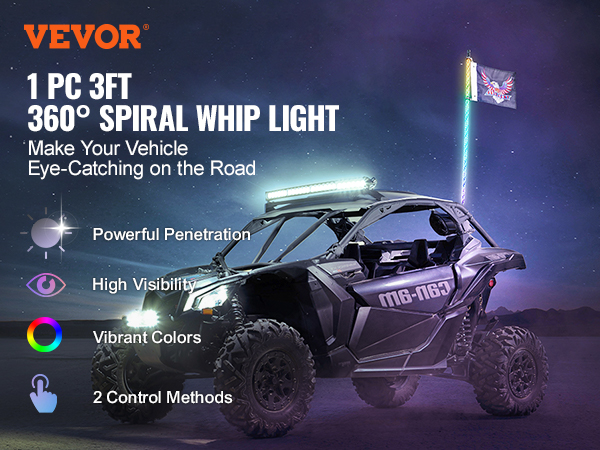 VEVOR led whip light on an off-road vehicle, showcasing vibrant colors and high visibility at night.