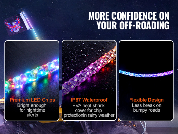 off-road vehicle with VEVOR led whip light in the night and feature details: water-proof, flexible, and bright.