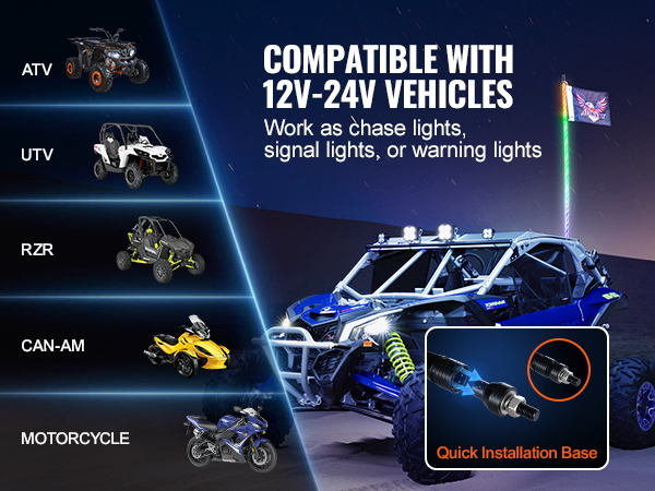 compatible with atv, utv, rzr, can-am, and motorcycle; quick installation; VEVOR led whip light.