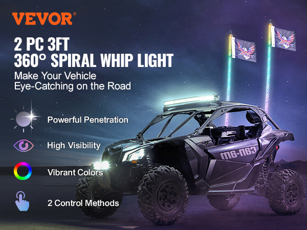 VEVOR led whip light on an off-road vehicle, highlighting 360° spiral, vibrant colors, high visibility.