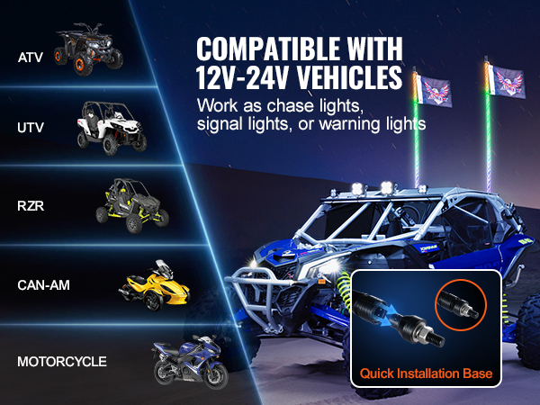 atvs and utvs with VEVOR led whip light on a night ride. compatible with 12v-24v vehicles.