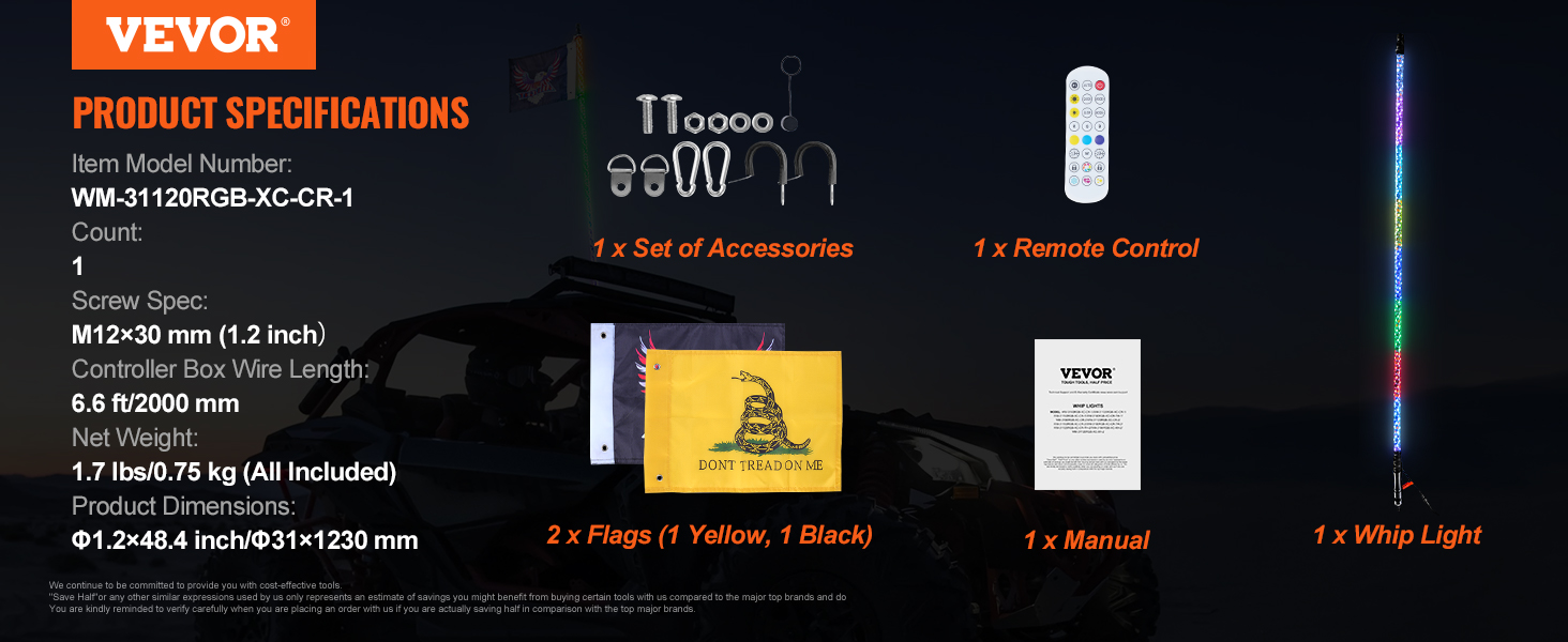 VEVOR led whip light, set of accessories, remote control, 2 flags, user manual, and whip light.