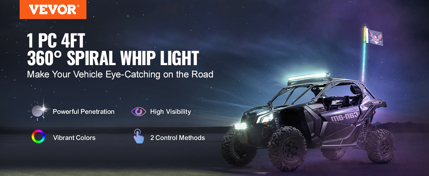VEVOR led whip light with high visibility, vibrant colors, powerful penetration, and two control methods.