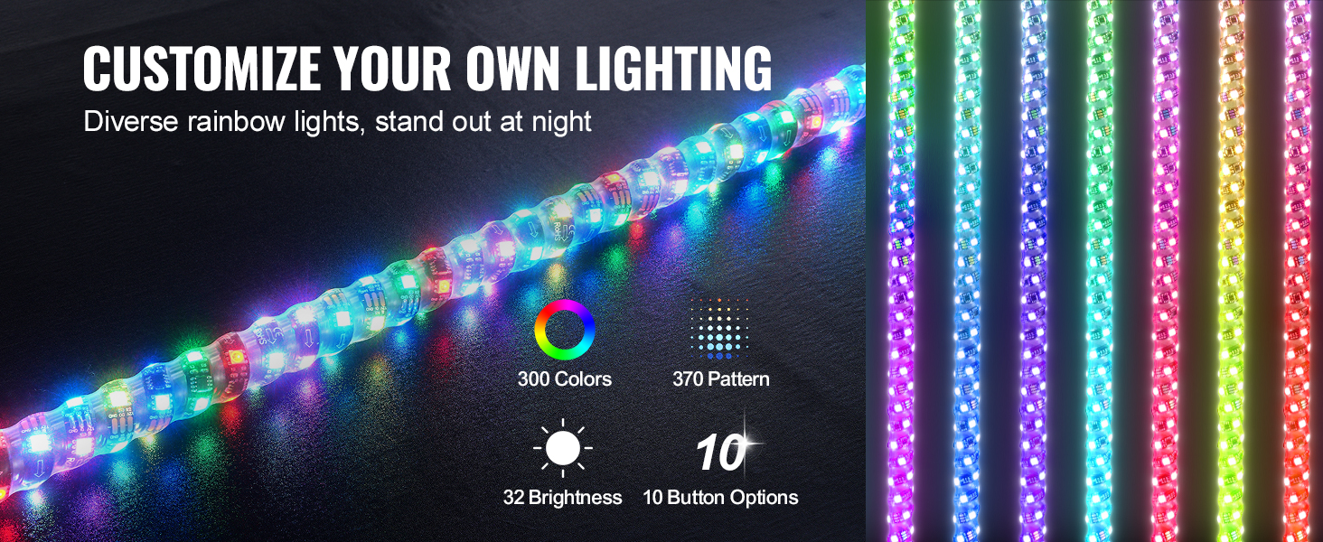 VEVOR led whip light with 300 colors, 370 patterns, and 32 brightness levels. customize your lighting.