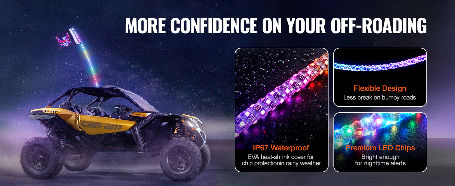 can-am off-road vehicle equipped with VEVOR led whip light promoting durability and vibrant lighting features.