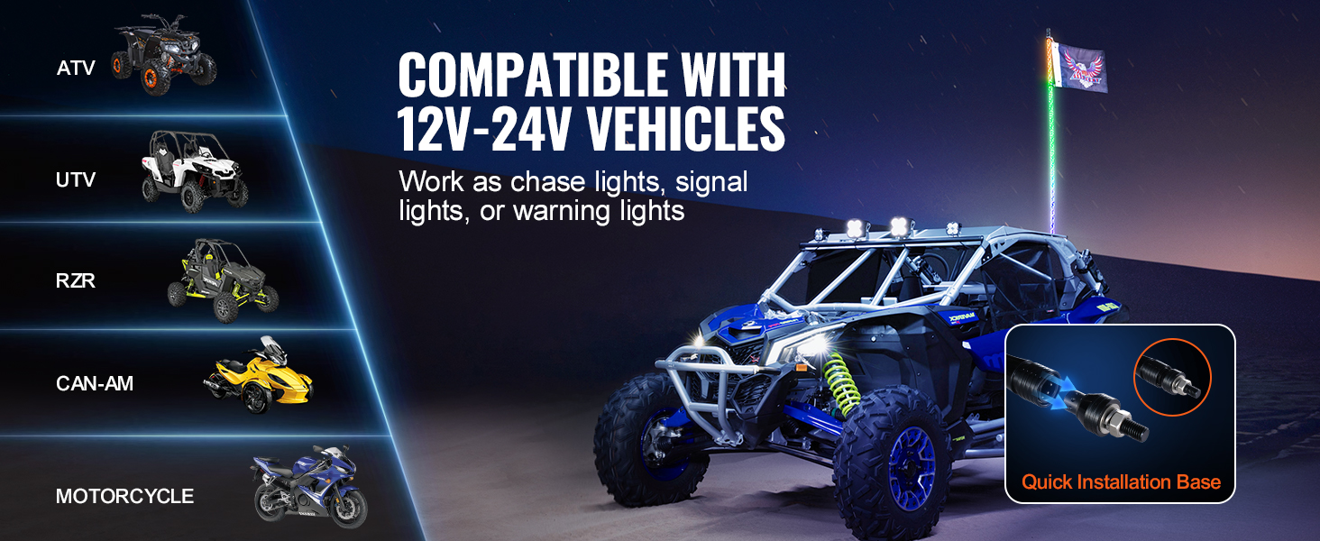 VEVOR led whip light compatible with 12v-24v vehicles, shown on off-road buggy with quick installation base.