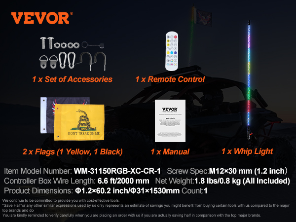 VEVOR led whip light specs: accessories, remote control, manual, 2 flags, 1.8 lbs weight, 60.2 inch length.