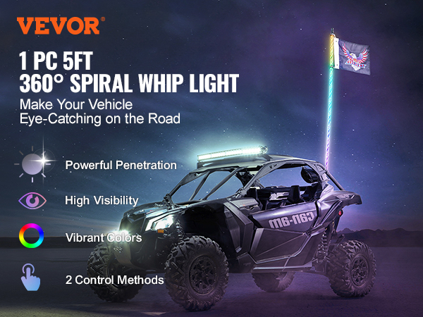 VEVOR led whip light on off-road vehicle, vibrant colors, high visibility, and 2 control methods.
