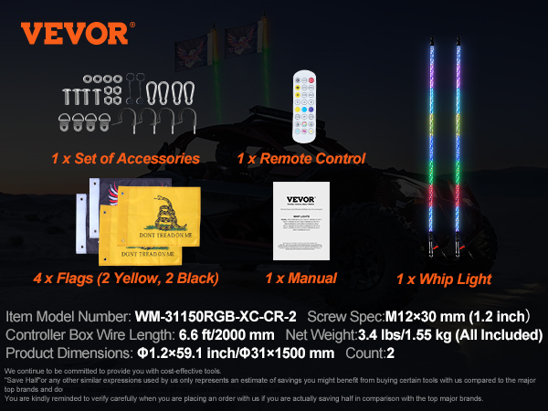 VEVOR led whip light specs: 2 lights, remote control, accessories, manual, 4 flags (2 yellow, 2 black).