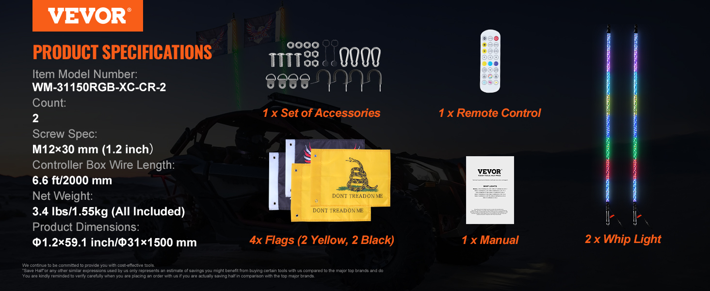 VEVOR led whip light specs: 2 lights, remote control, accessories, manual, 4 flags (2 yellow, 2 black).