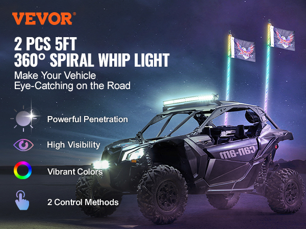 VEVOR led whip light on off-road vehicle; vibrant colors; high visibility; 2 control methods.