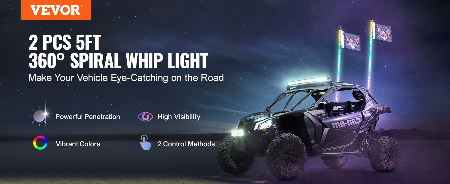 VEVOR led whip light on off-road vehicle; vibrant colors; high visibility; 2 control methods.