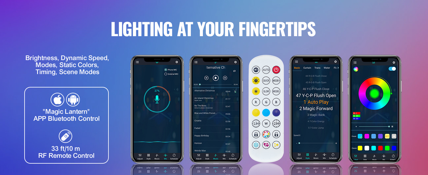 lighting at your fingertips with VEVOR led whip light, "magic lantern" app, and rf remote control.