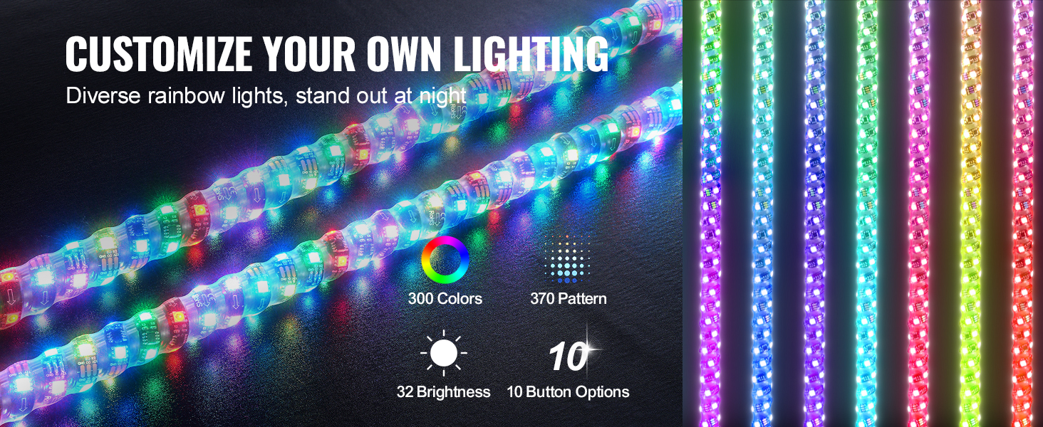 customize your night lighting with VEVOR led whip light, 300 colors, 370 patterns, and 32 brightness options.