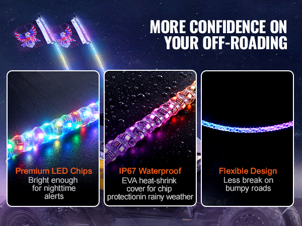 off-roading with VEVOR led whip light, ip67 waterproof, flexible design, premium led chips for night alerts.