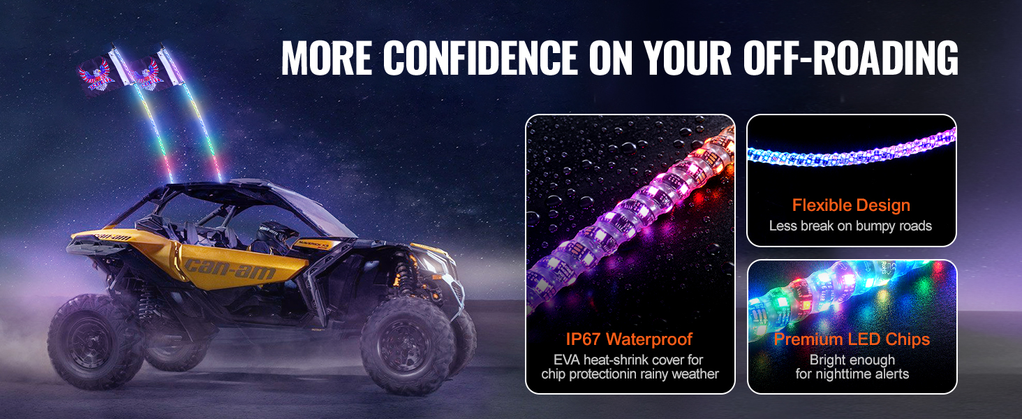 off-roading with VEVOR led whip light, ip67 waterproof, flexible design, premium led chips for night alerts.