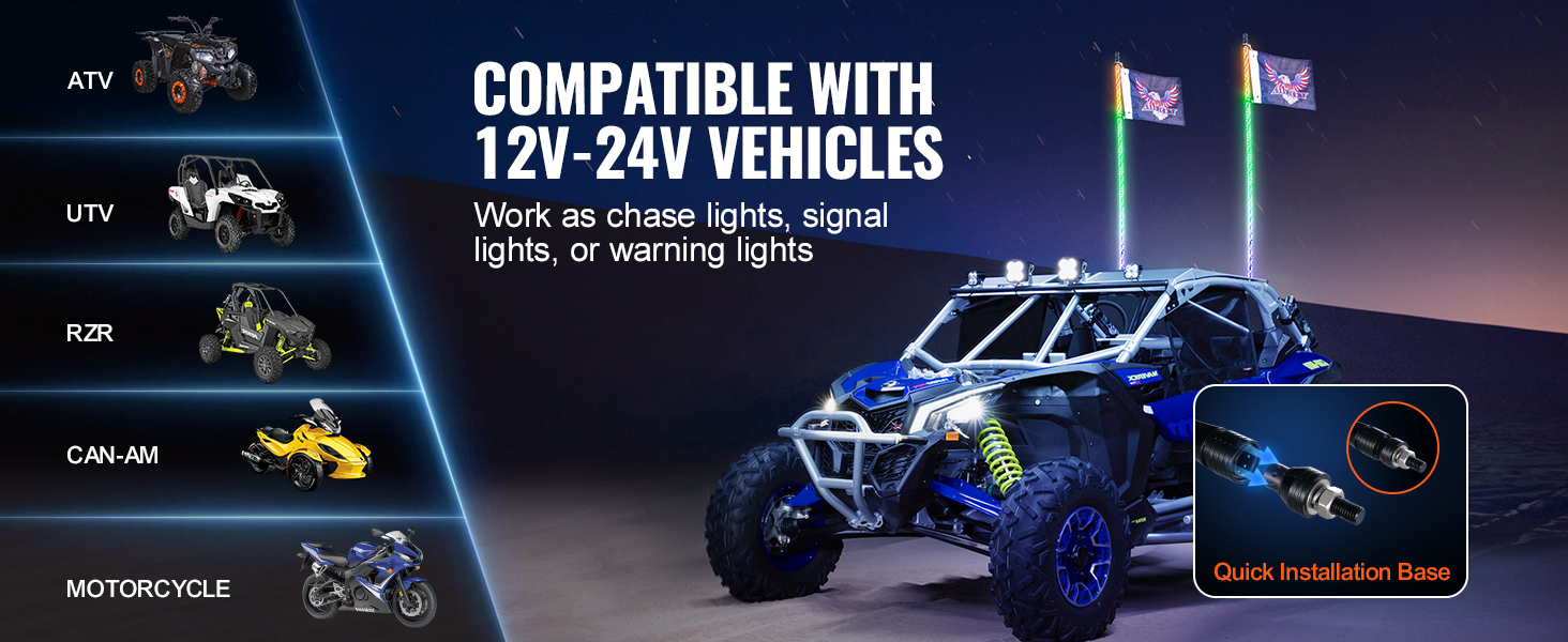 VEVOR led whip light for atv, utv, rzr, can-am, and motorcycle, compatible with 12v-24v vehicles.