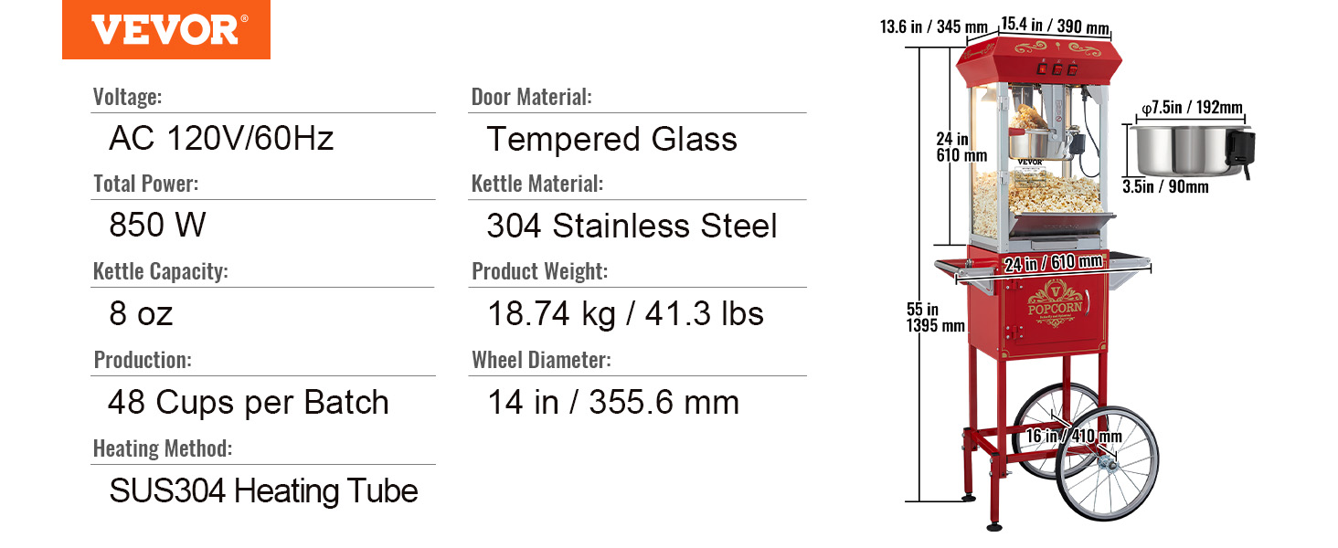 VEVOR popcorn popper machine specs: tempered glass, stainless steel, 48 cups/batch, 850w, 14-inch wheels.