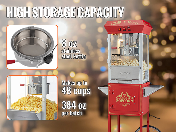 VEVOR popcorn popper machine with 8oz stainless steel kettle, makes up to 48 cups per batch.