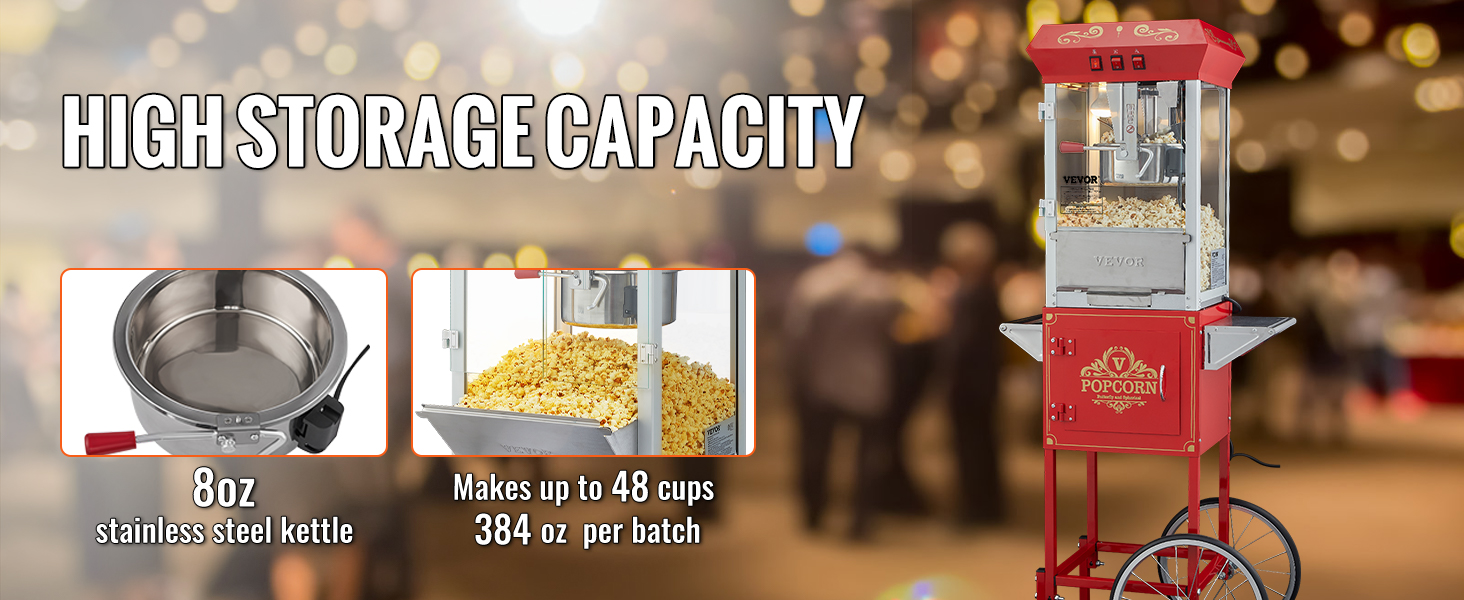 VEVOR popcorn popper machine with 8oz stainless steel kettle, makes up to 48 cups per batch.