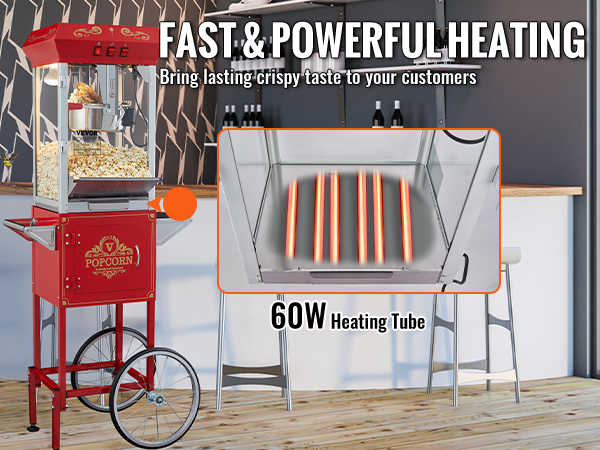 VEVOR popcorn popper machine with 60w heating tube, delivering fast and powerful heating in a modern setting.