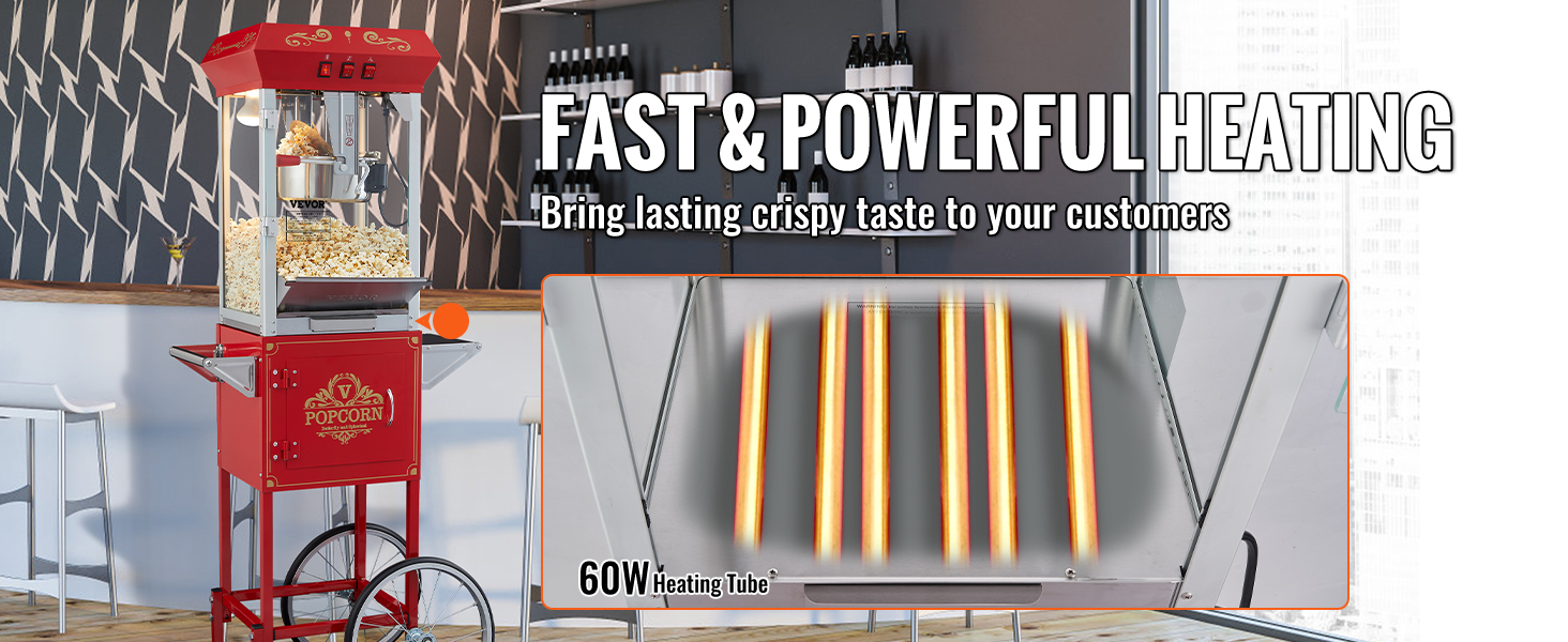 VEVOR popcorn popper machine with 60w heating tube, delivering fast and powerful heating in a modern setting.