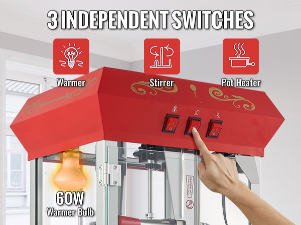VEVOR popcorn popper machine with 3 independent switches, 60w warmer bulb, and pot heater options.