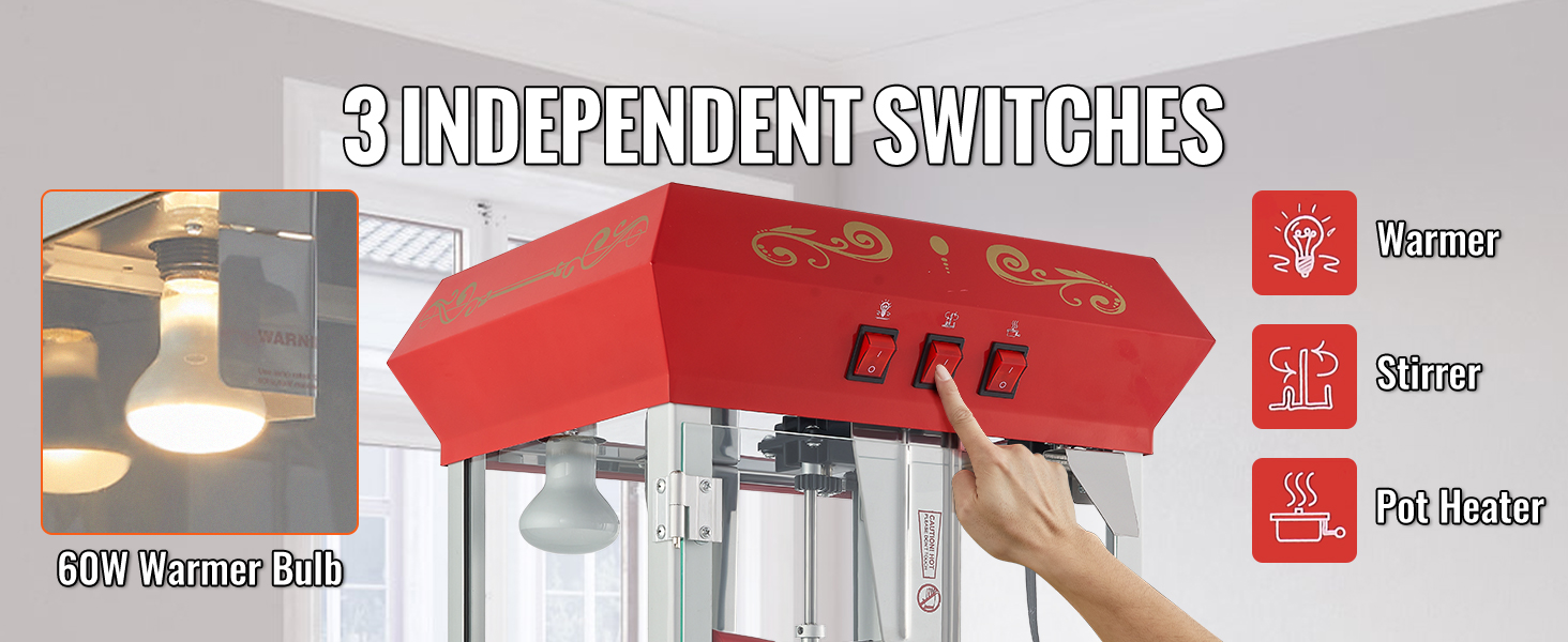 VEVOR popcorn popper machine with 3 independent switches, 60w warmer bulb, and pot heater options.