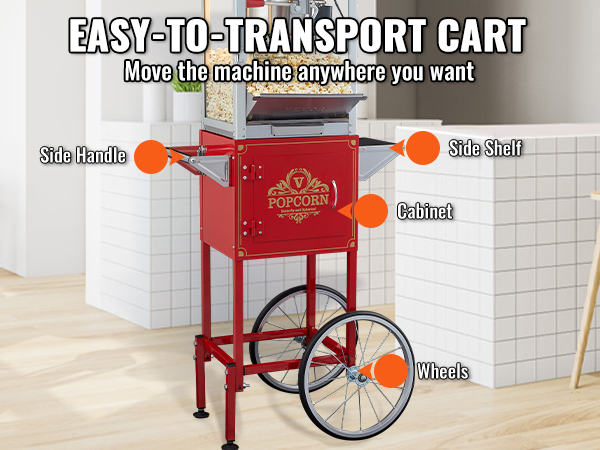 red VEVOR popcorn popper machine on a cart with side handles, a cabinet, and wheels in a modern kitchen.