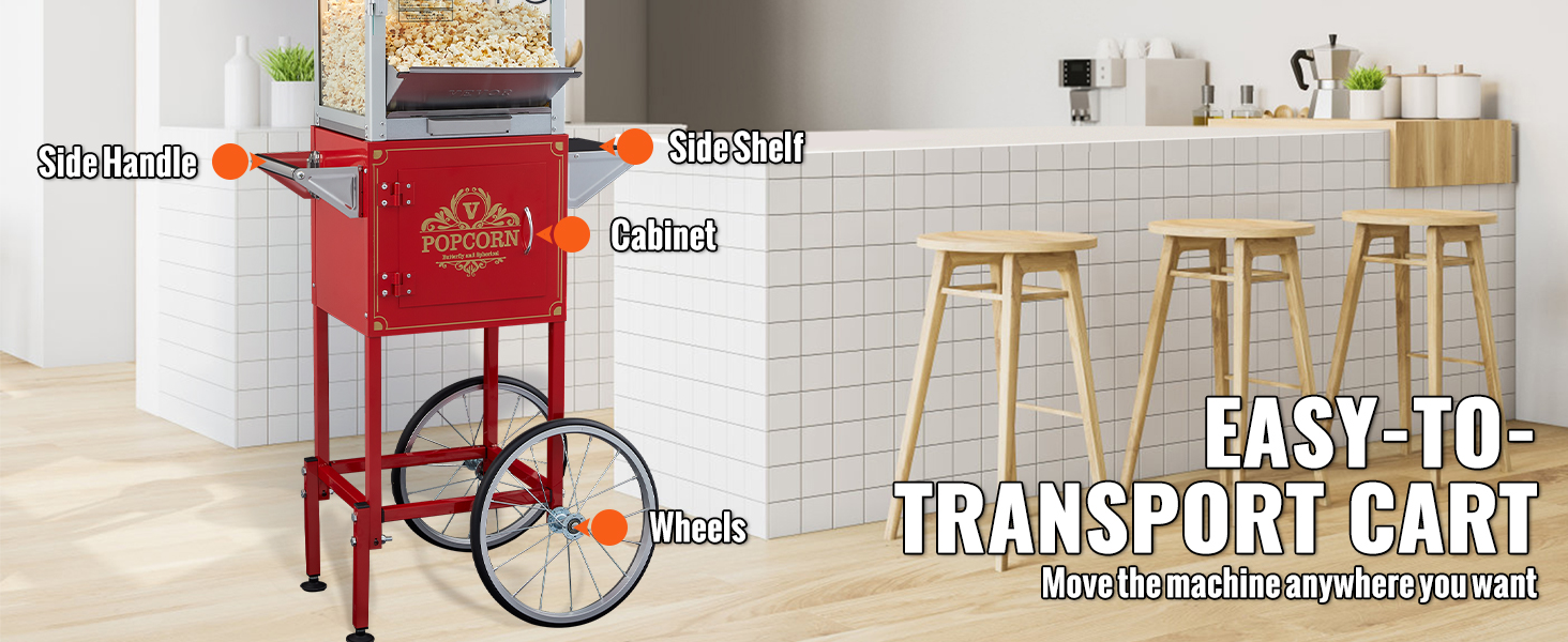 red VEVOR popcorn popper machine on a cart with side handles, a cabinet, and wheels in a modern kitchen.