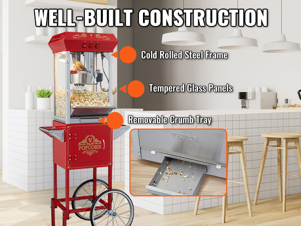 Машина для приготовления попкорна VEVOR с рамой из холоднокатаной стали, панелями из закаленного стекла и съемным поддоном для крошек.