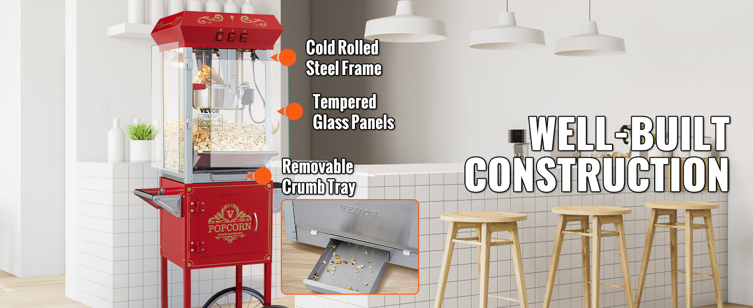 Машина для приготовления попкорна VEVOR с рамой из холоднокатаной стали, панелями из закаленного стекла и съемным поддоном для крошек.