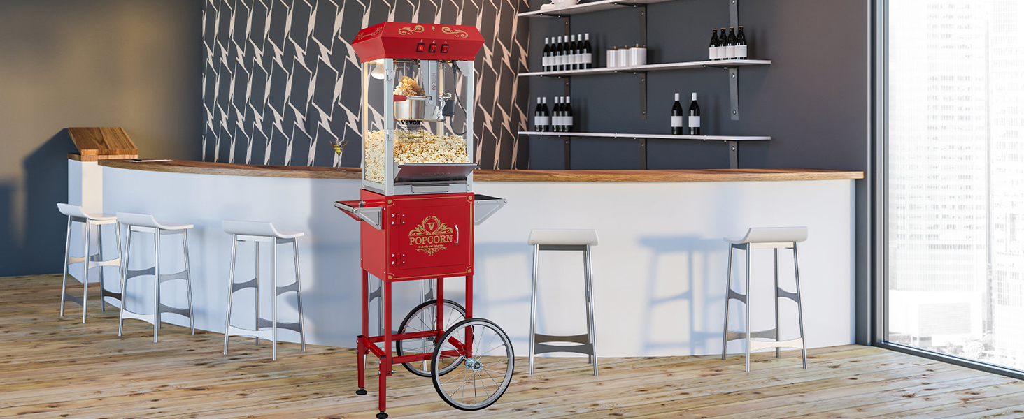 VEVOR popcorn popper machine in a modern bar setting with wooden flooring and stylish decor.