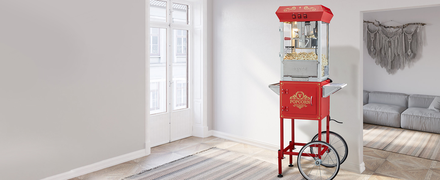 red VEVOR popcorn popper machine with wheels in modern living room near large window.
