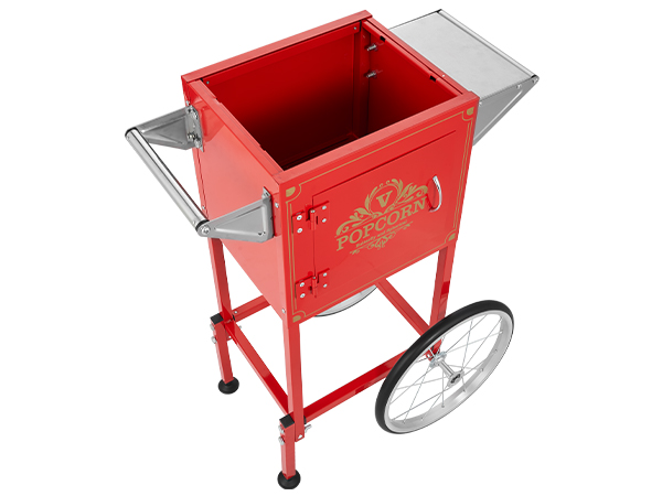 red VEVOR popcorn popper machine with large wheels and vintage design.