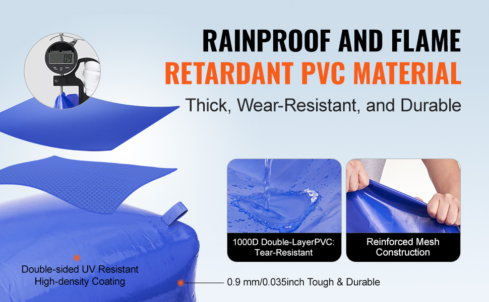 rainproof and flame retardant pvc VEVOR water storage bladder with uv-resistant coating and reinforced mesh.