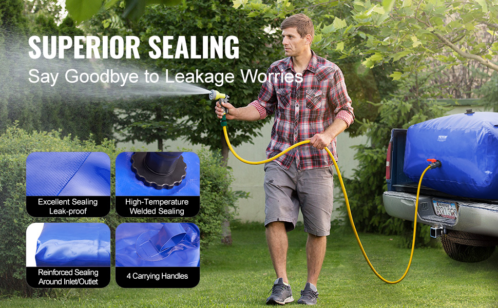 man using VEVOR water storage bladder with high-temperature welded sealing, reinforced inlets, and handles.