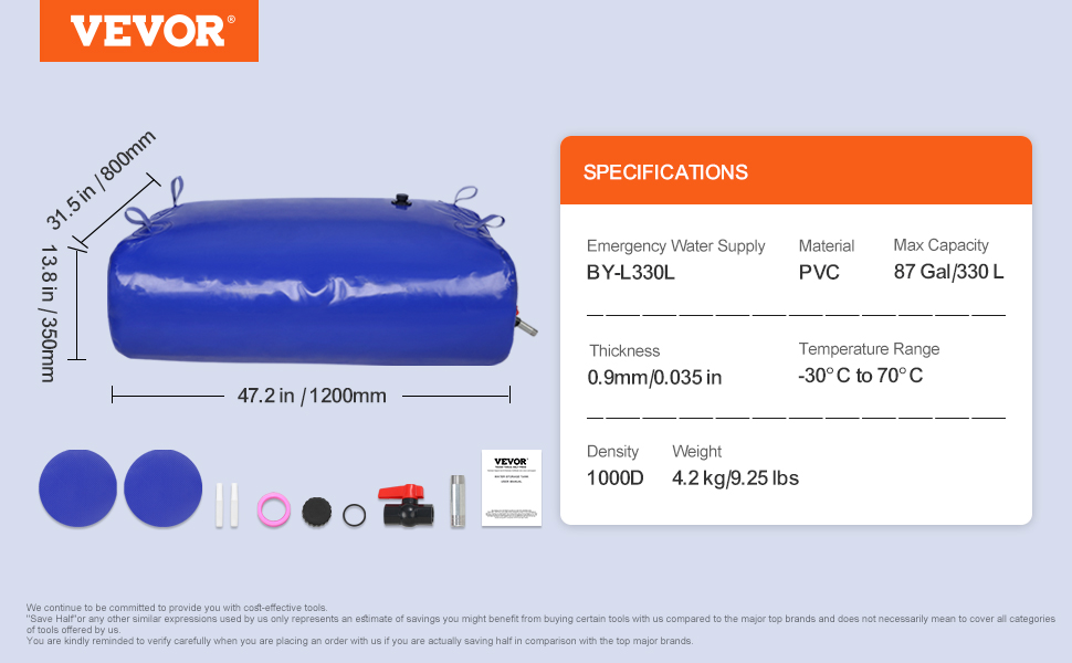 VEVOR water tank, 330l capacity, blue pvc material, emergency water supply, with included accessories.