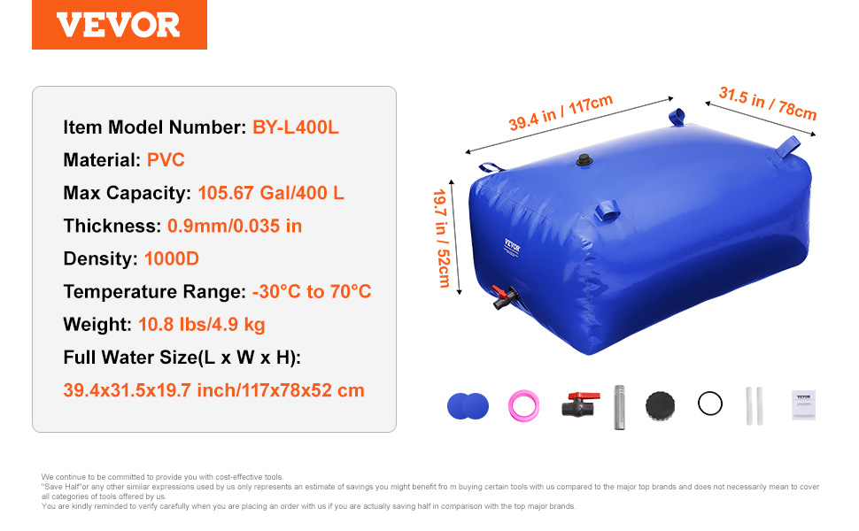 VEVOR water storage bladder, blue pvc, 400l capacity, dimensions 39.4x31.5x19.7 inches, accessories included.