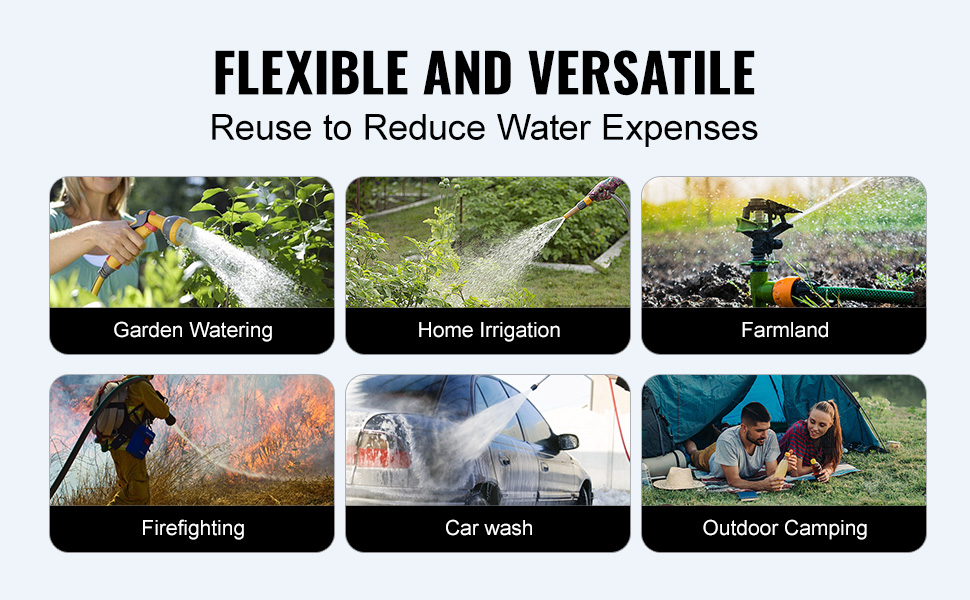 flexible and versatile uses of VEVOR water storage bladder include gardening, car wash, camping, and firefighting.