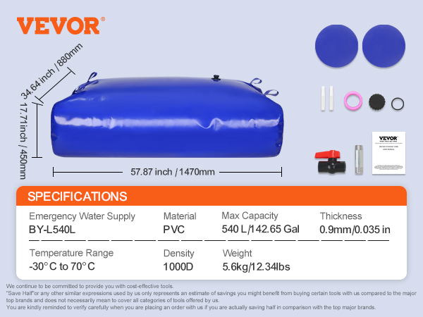 VEVOR ūdens uzglabāšanas pūslis 540l, pvc, 57.87x34.64x17.71 collas, avārijas ūdens apgādes komplekts.