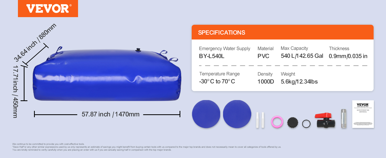 VEVOR ūdens uzglabāšanas pūslis 540l, pvc, 57.87x34.64x17.71 collas, avārijas ūdens apgādes komplekts.