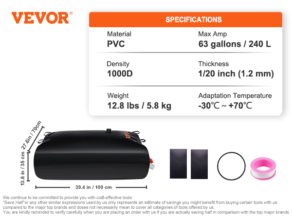 VEVOR water tank bladder specifications: pvc material, 63 gallons/240l, 1000d density, 12.8 lbs.
