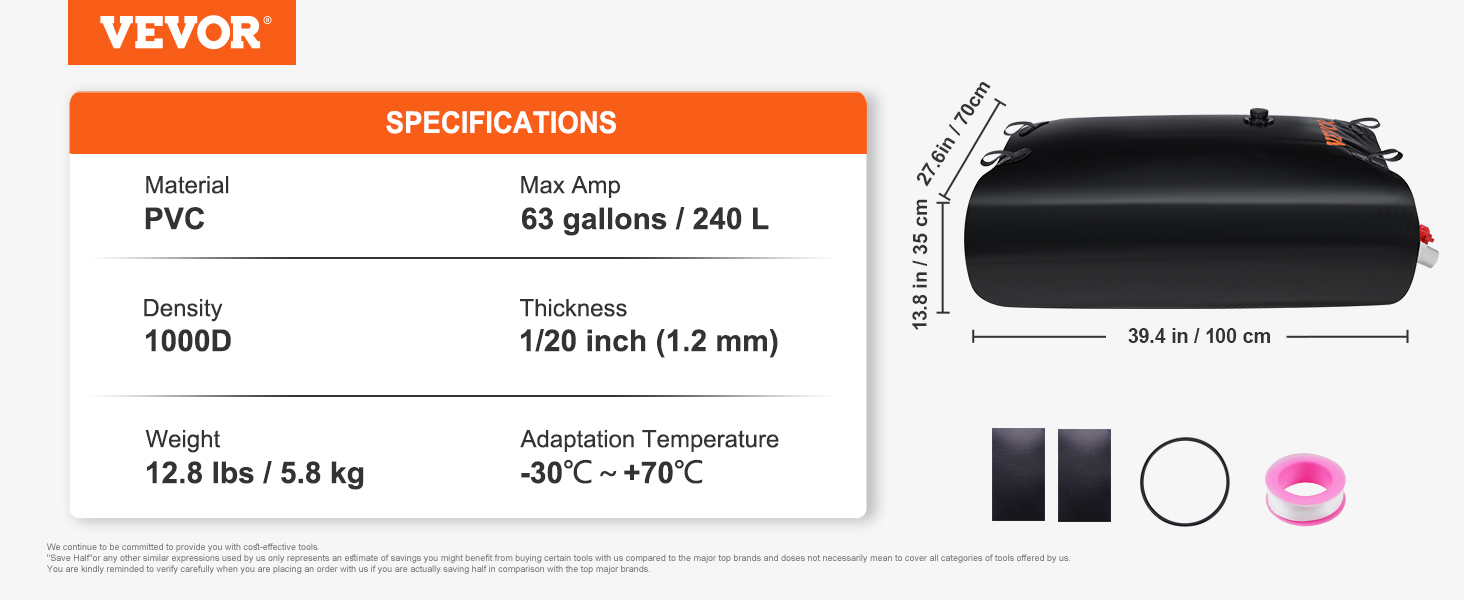 VEVOR water tank bladder specifications: pvc material, 63 gallons/240l, 1000d density, 12.8 lbs.