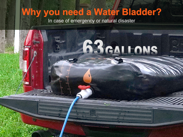 man using hose connected to VEVOR water tank bladder in truck bed, 63 gallons capacity.