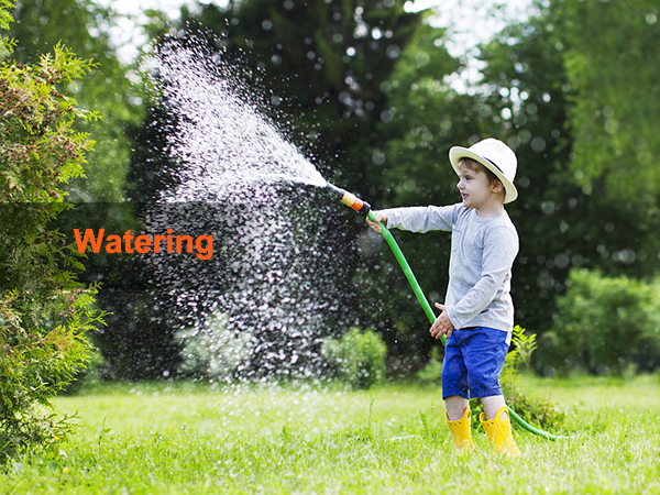 child watering plants in a garden with a hose, promoting VEVOR water tank bladder.