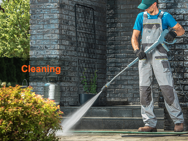 man pressure washing stone patio steps near potted plants and brick wall. text "cleaning" in foreground.
